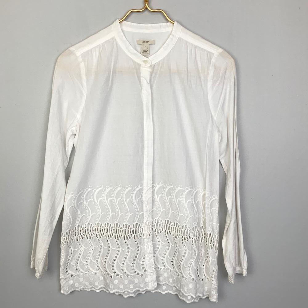 J. Crew Sz 0 Delaney White Eyelet Button Down Top Band Collar Poet Boho Prairie